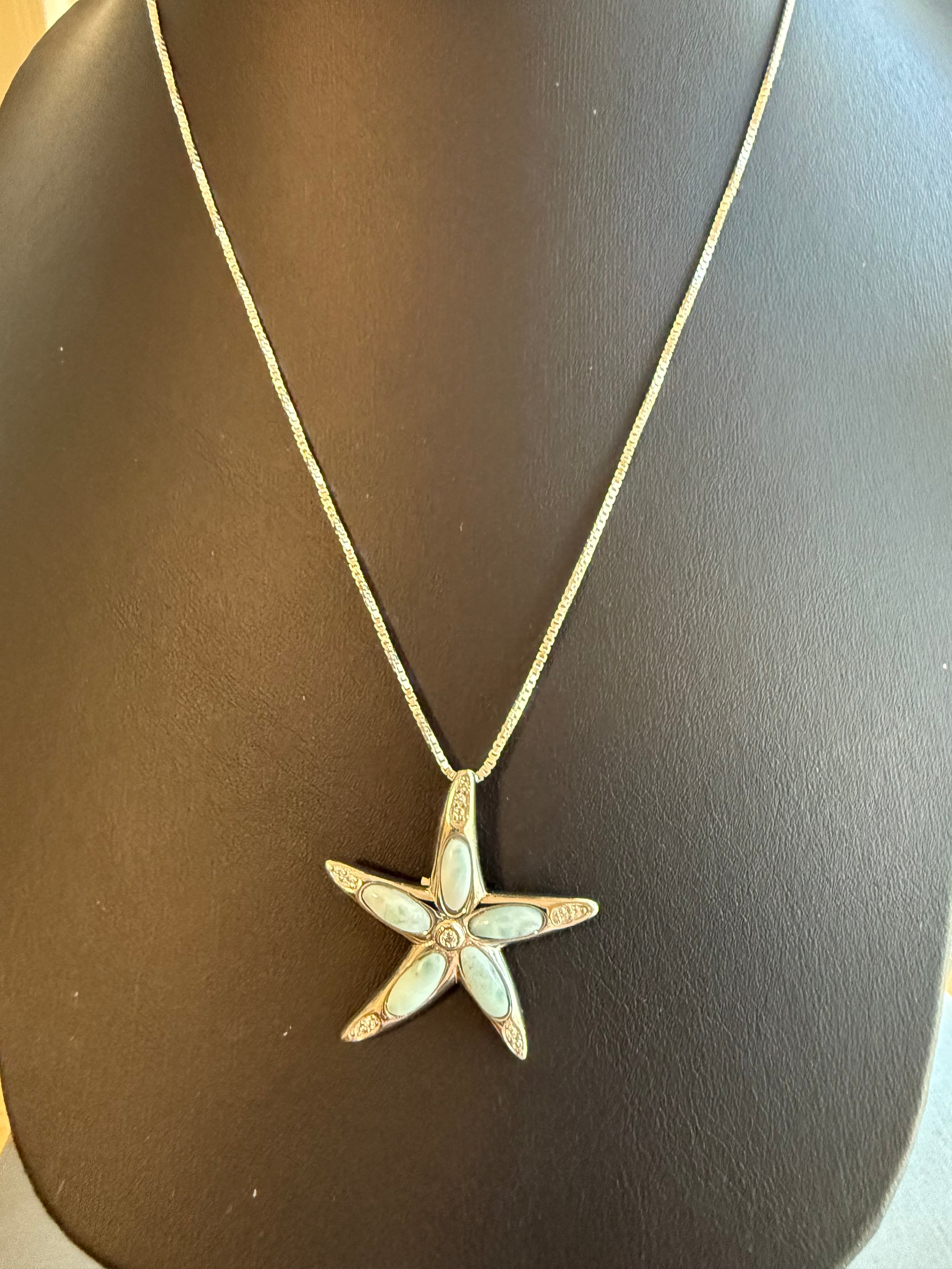 Natural Larimar & Cubic Zirconia Star Fish .925 Sterling Silver Pendant on 18" 1mm Box Chain