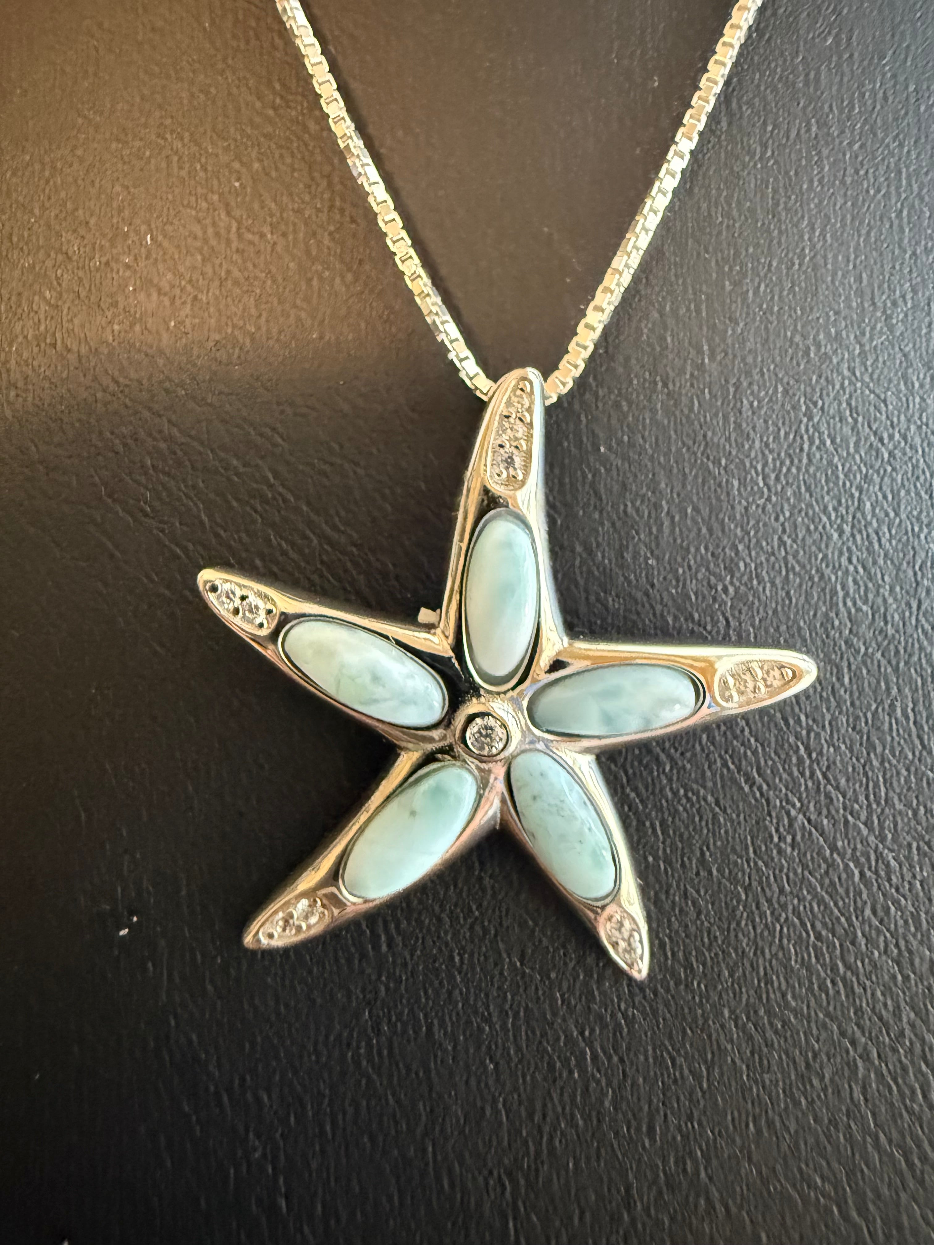 Natural Larimar & Cubic Zirconia Star Fish .925 Sterling Silver Pendant on 18" 1mm Box Chain