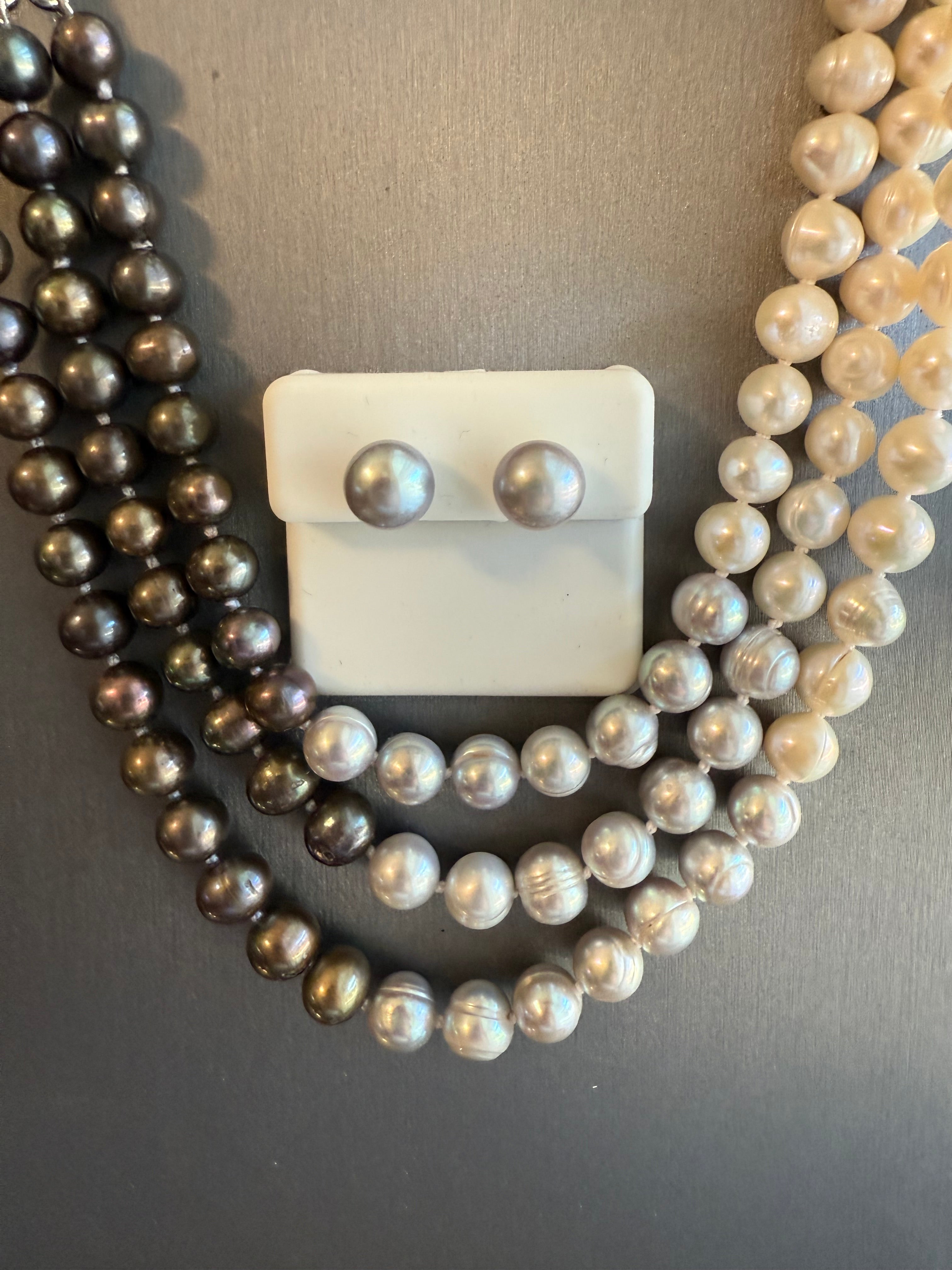 7mm Cultured Freshwater Tri-Color Triple Strand Necklace and Button Pearl Earrings Set