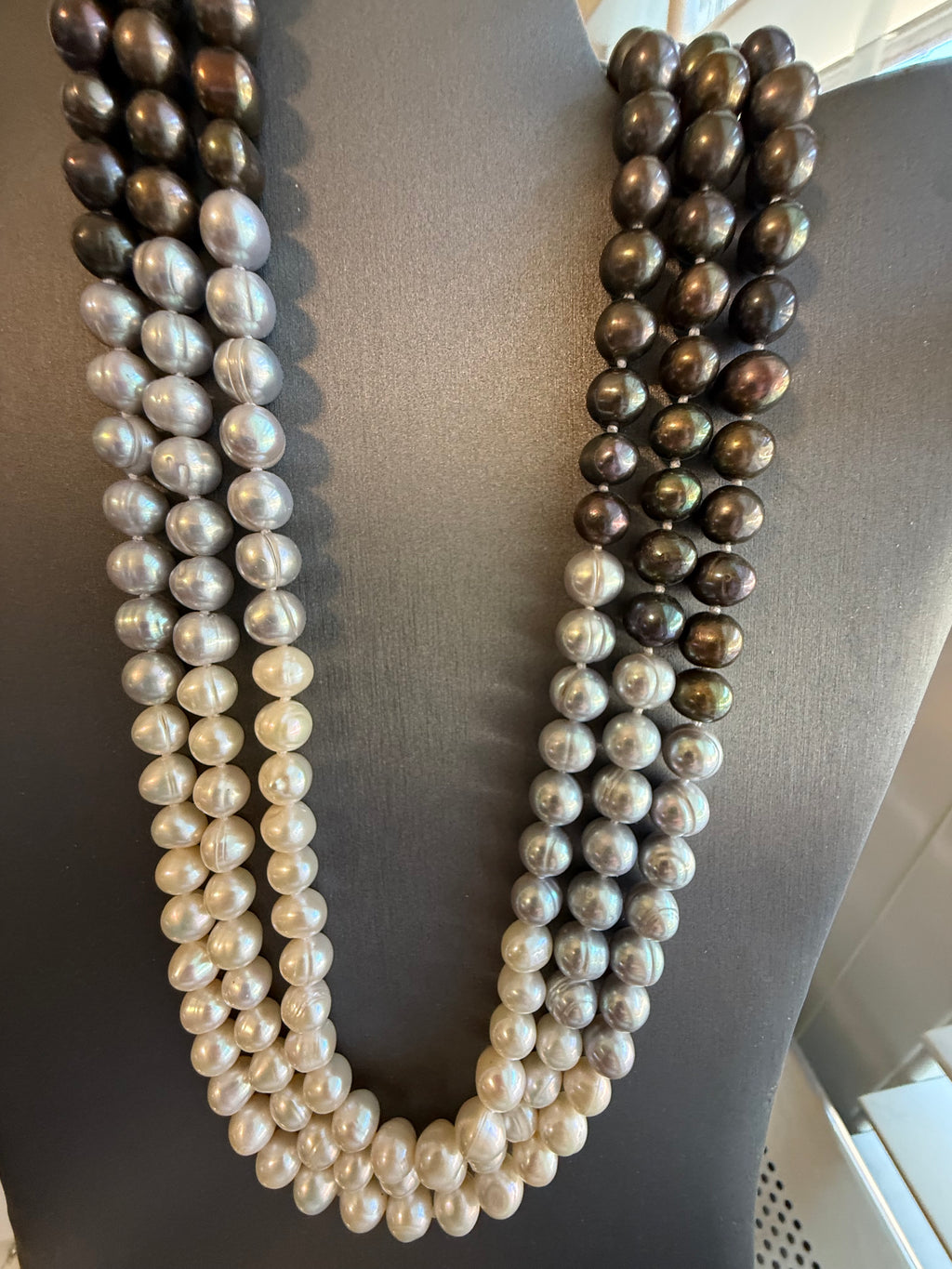 7mm Cultured Freshwater Tri-Color Triple Strand Necklace and Button Pearl Earrings Set