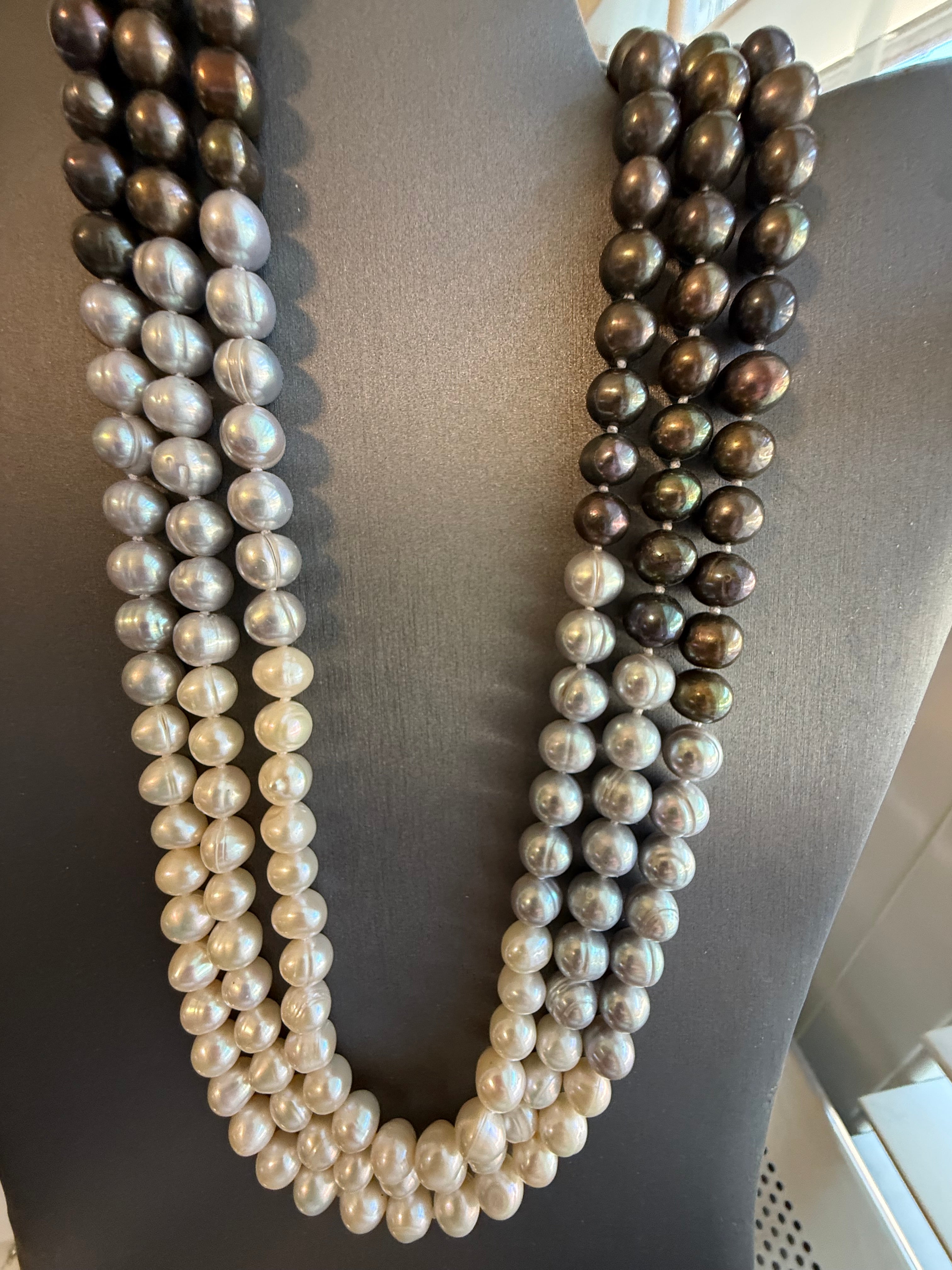 7mm Cultured Freshwater Tri-Color Triple Strand Necklace and Button Pearl Earrings Set