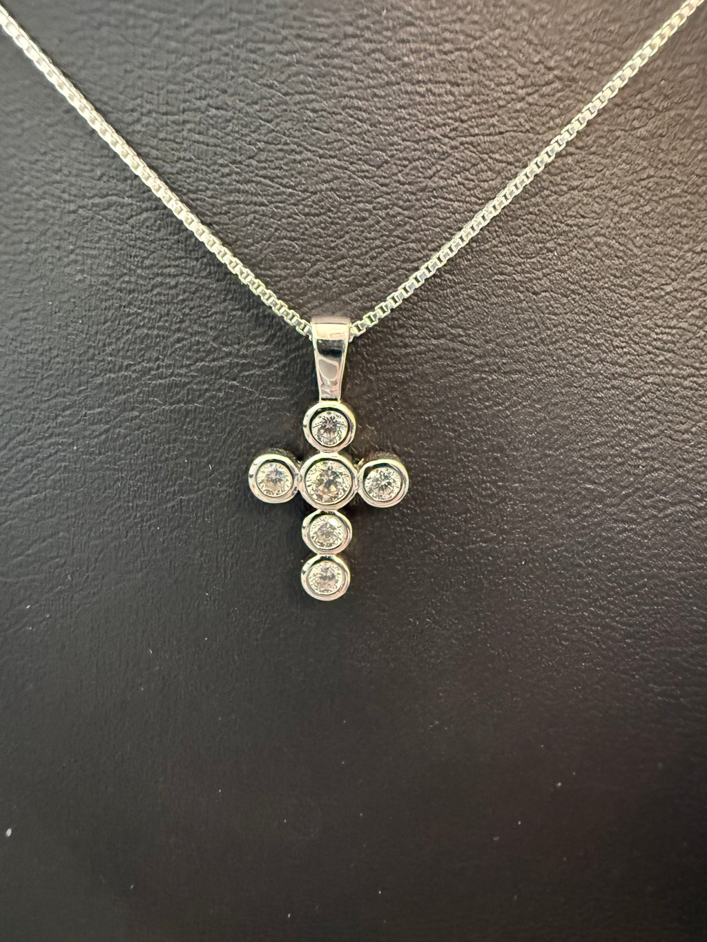 CZ Bezel Cross on a 16" or 18" 1mm Sterling Silver Box Chain with Spring Ring Clasp