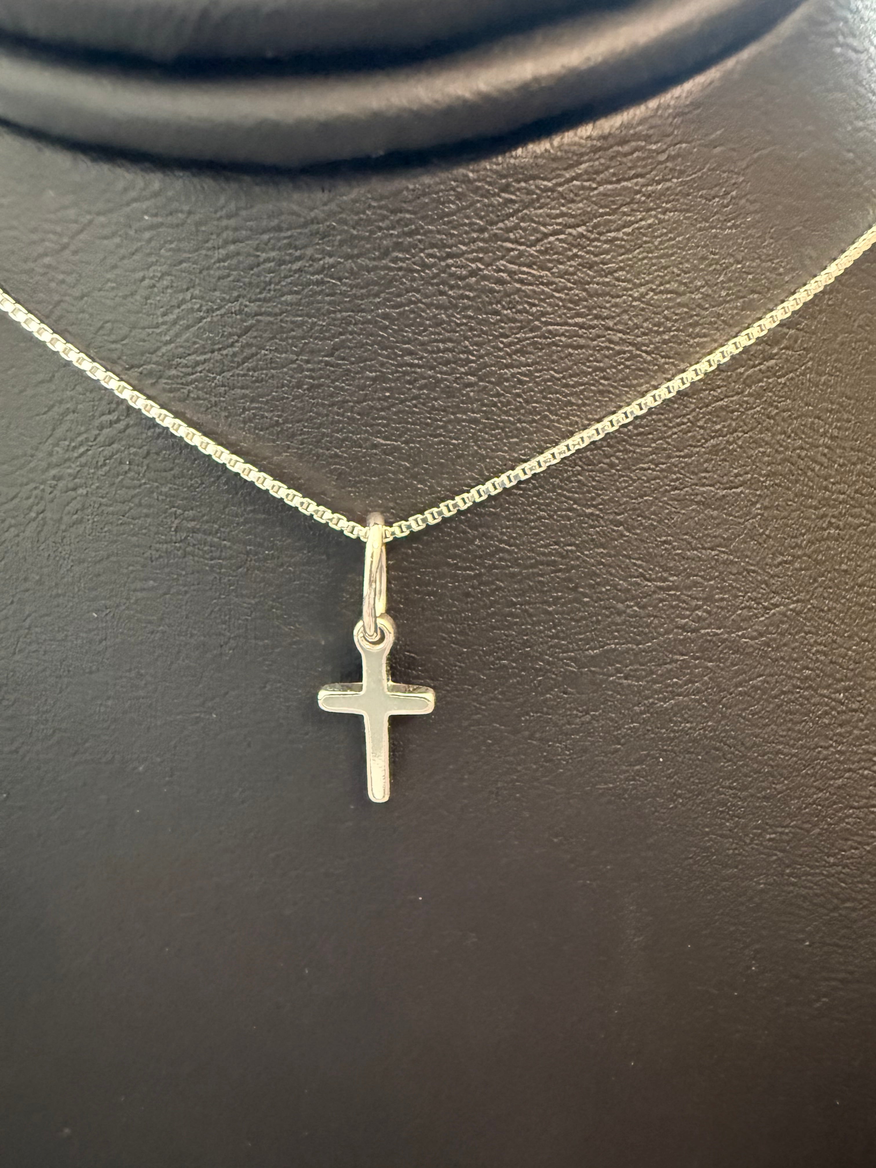 Small Sterling Silver Cross with Nice Bail on a 16" or 18" 1mm Sterling Silver Box Chain with Spring Ring Clasp