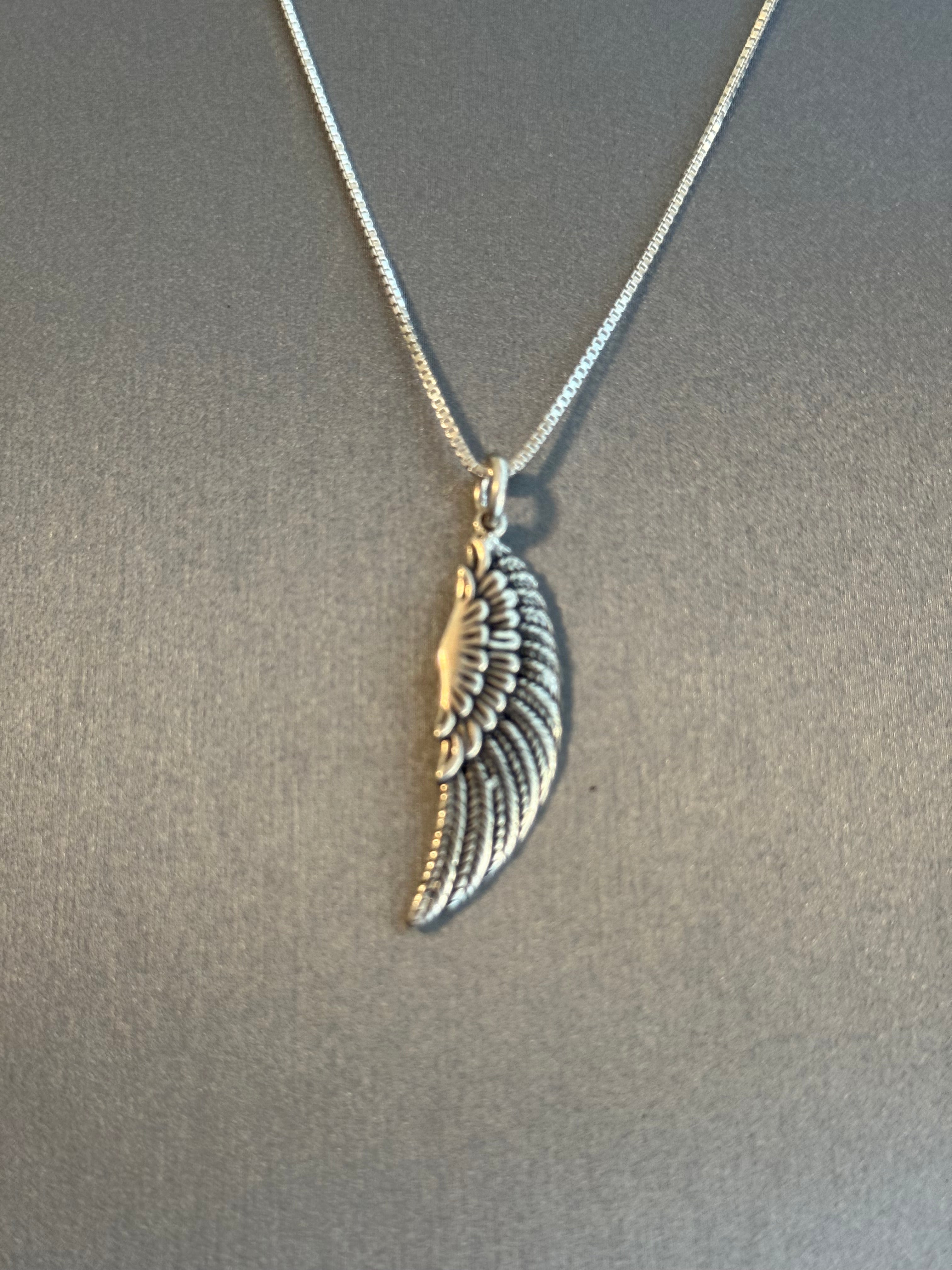 1.5-inch Sterling Silver Wing Pendant on 18-inch Sterling Silver 1mm Box Chain